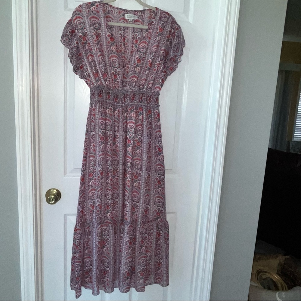Molly Bracken Floral Paisley Red Pink Grey Gray Midi Dress Womens Size Medium